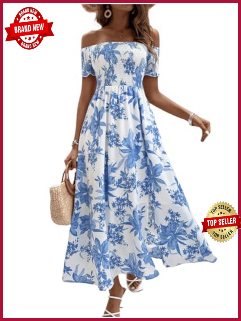 Boho Off Shoulder Floral Split Maxi Dress Flowy Summer Vacation